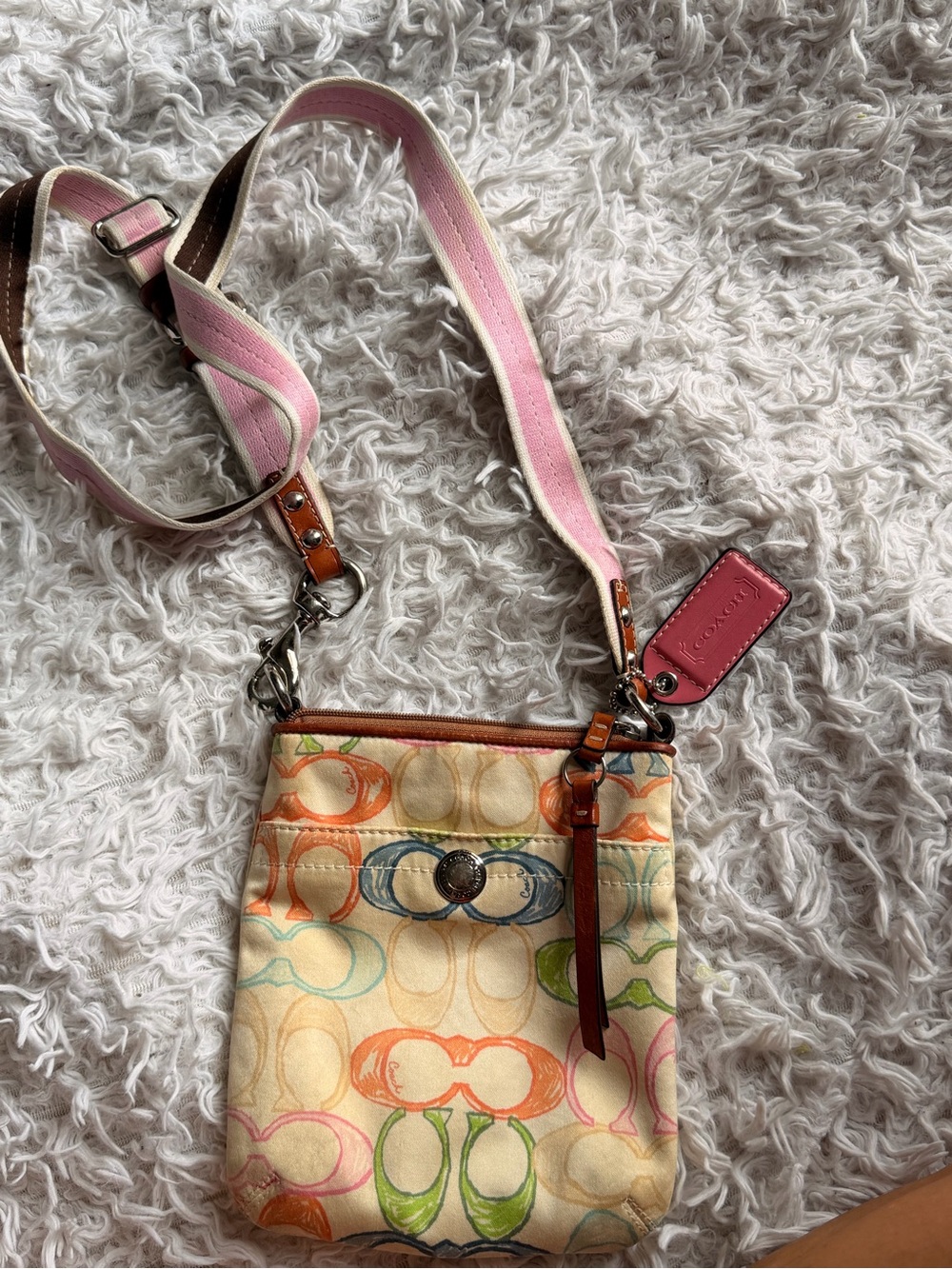Coach Multicolor Signature Canvas Crossbody with Pink Strap